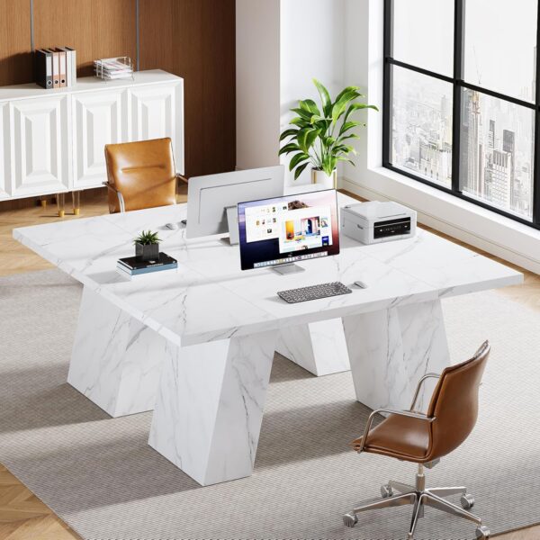 Tribesigns Modern Executive Desk, 63" Wooden Faux Marble Computer Desk with Base for Writing, White Large Simple Rectangular Workstation for Office, Conference, Meeting Room, Business Furniture & Home