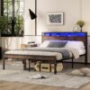 Bellemave Queen Size Bed Frame with Charging, Queen Size Bed Frame with Headboard and Charging Station, Brown Platform Bed Frame with Led Lightstation, No Box Spring Needed, (Queen,Rustic Brown)