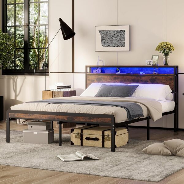 Bellemave Queen Size Bed Frame with Charging, Queen Size Bed Frame with Headboard and Charging Station, Brown Platform Bed Frame with Led Lightstation, No Box Spring Needed, (Queen,Rustic Brown)