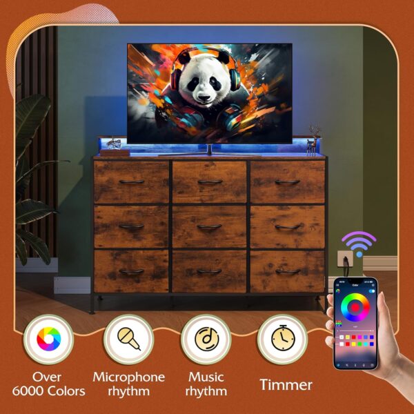 WLive TV Stand for 55 inch, White LED Dresser with Charging Station, 9 Drawer Chest of Drawers for Bedroom & Living Room