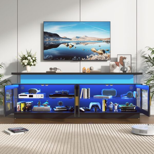 71" LED TV Stand with Power Outlet,High Gloss Modern Black TV Stands for Living Room for 65 70 80 in TV,TV Gaming Entertainment Center w/Adjustable Shelves for Living Room Bedroom