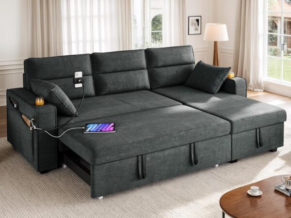 YITAHOME 85" Sleeper Sofa, Convertible Sofa Bed Couch with Pullout Bed for Living Room, L-Shaped Sectional Sofa with Cup Holder Phone Holder USB Ports, 2 Pillows and Side Pocket, Dark Grey