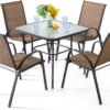 NUU GARDEN 5 Piece Outdoor Dining Set, 4 All Weather Outdoor Textilene Patio Chairs and 32" Square Tempered Glass Dining Table with 1.97" Umbrella Hole, for Backyard, Patio, Garden, Brown and Black