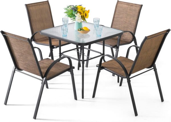 NUU GARDEN 5 Piece Outdoor Dining Set, 4 All Weather Outdoor Textilene Patio Chairs and 32" Square Tempered Glass Dining Table with 1.97" Umbrella Hole, for Backyard, Patio, Garden, Brown and Black
