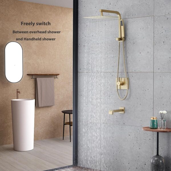 Brushed Gold Shower Fixtures, Gold Shower Faucet Set with 12 Inch Gold Shower Heads with Handheld Spray Combo and Tub Spout, Shower Systems with Rain Shower and Handheld (Valve Included)