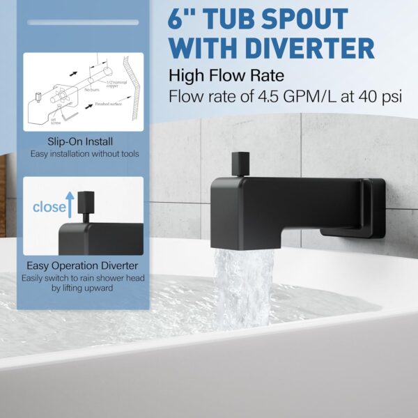 ESNBIA Bathtub Shower System with Tub Spout, Black Shower Faucet Set with 6" Rain Shower Heads, High Pressure Shower Head Set, Wall Mount Shower Fixtures with 3-Way Shower Diverter, Matte Black