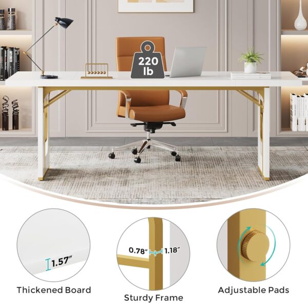 71 inch Large Simple Computer Desk, Executive Office Desk Workstation, Modern Study Writing Table, Business Furniture for Home Office, Faux Marble, White and Gold