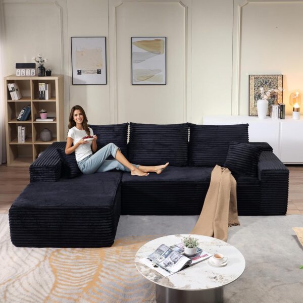 107" Modular Sectional Sofa, Modern Corduroy Cloud Couch with Deep Seat, Upholstered 3-Seater L-Shaped Sofa for Living Room, No Assembly Required (Black, Left-Facing Chaise)