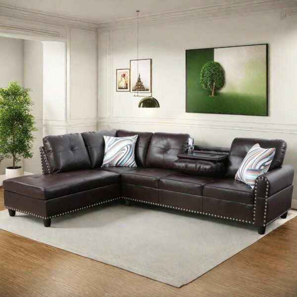 Leather Sectional Couch Sofa, Modern Nail-Head Design L Shaped Sectional Sofa for Living Room, 4 Seat L Couch with Cup Holder for Bedroom Apartment, Red