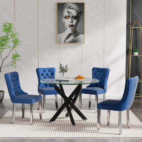 Round Glass Dining Table Set for 4, Small Glass Kitchen Table and Chairs Set of 4, 35" Round Dining Table with with Navy Blue Velvet Chairs,5 Piece Dining Table Set for Breakfast Dinette Cafe Office