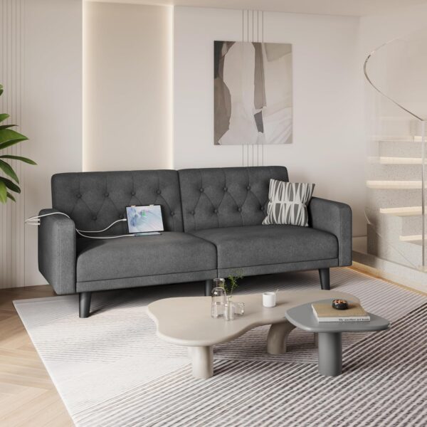 Yaheetech 63” Convertible Couch Sofa Bed with 2 USB, Reclining Futon Sleeper with Adjustable Backrest & Removable Armrests, Mid Century Modern Loveseat for Living Room, Apartment, Office Dark Gray