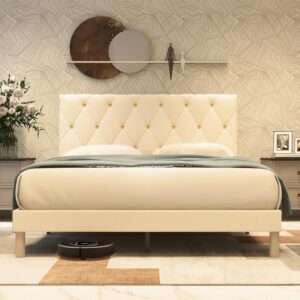 Queen Size Bed Frame, Velvet Upholstered Platform with Headboard, Easy Assembly, No Box Spring Needed, Non-Slip and Noise-Free with Strong Wooden Slats (Beige, Queen (U.S. Standard))