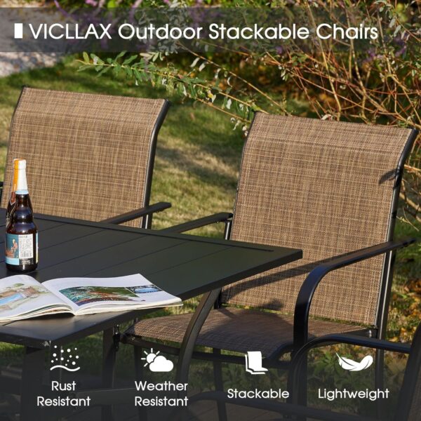 VICLLAX 5 Pieces Patio Dining Set, Outdoor Furniture Set Includes 1 Square Patio Table and 4 Stackable Patio Sling Chairs, Outdoor Table and Chairs for Outsides, Walnut Table and Brown Chairs