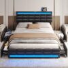 ADORNEVE Queen Bed Frame with LED Lights Leather Platform Bed with Storage Drawers and Charging Station, LED Bed Frame Queen Size with Adjustable Headboard, No Box Spring Needed, Black