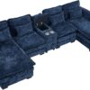 U Shaped Cloud Couch Sectional, 124" Comfy Fluffy Chenille Dark Blue Sectional Couches for Living Room with Double Chaise Lounge, Modern Modular Sectional Sofa with Central Console USB Port