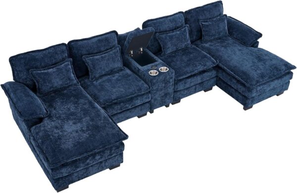 U Shaped Cloud Couch Sectional, 124" Comfy Fluffy Chenille Dark Blue Sectional Couches for Living Room with Double Chaise Lounge, Modern Modular Sectional Sofa with Central Console USB Port