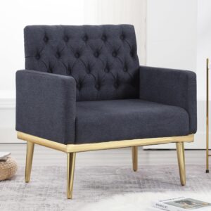 Accent Chair with Arms for Living Room, Modern Tufted Square Armchair with Gold Metal Legs, Upholstered Fabric Single Sofa Reading Club Chair for Bedroom Office,Blue