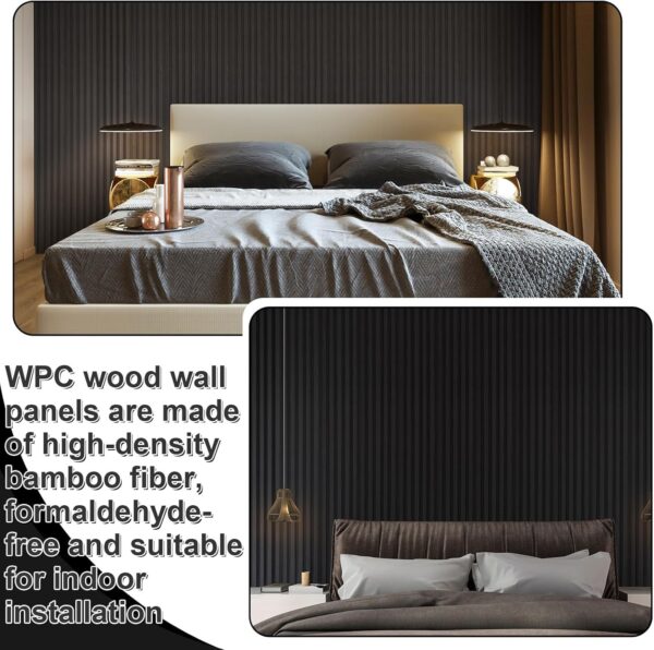 12 Pack 48 x 6 Inch Wood Slat Wall Paneling Black Wainscoting Panels Acoustic WPC Wall Panel Planks Decorative 3D Wall Panels for Interior Wall Decor, Living Room, Bedroom, TV Background