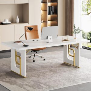 71 inch Large Simple Computer Desk, Executive Office Desk Workstation, Modern Study Writing Table, Business Furniture for Home Office, Faux Marble, White and Gold
