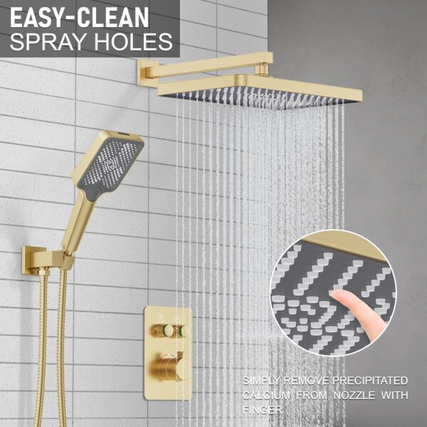 Thermostatic Shower System 13-Inch Rainfall Shower Head - 3 Setting Handheld Sprayer, Complete Bathroom Set with Faucet Mixer Trim Kit & Valve Brushed Gold