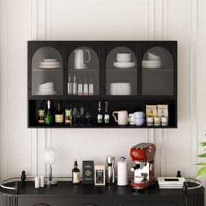 Metal Wall Cabinet with 4 Semi-Arch Glass Doors, 47.25" Wide Wall Mounted Storage Cabinet with Open Shelf, Modern Medicine Cabinet for Kitchen Bathroom Living Room, Black