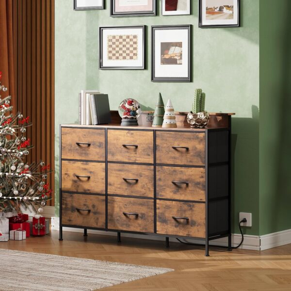 WLive TV Stand for 55 inch, White LED Dresser with Charging Station, 9 Drawer Chest of Drawers for Bedroom & Living Room