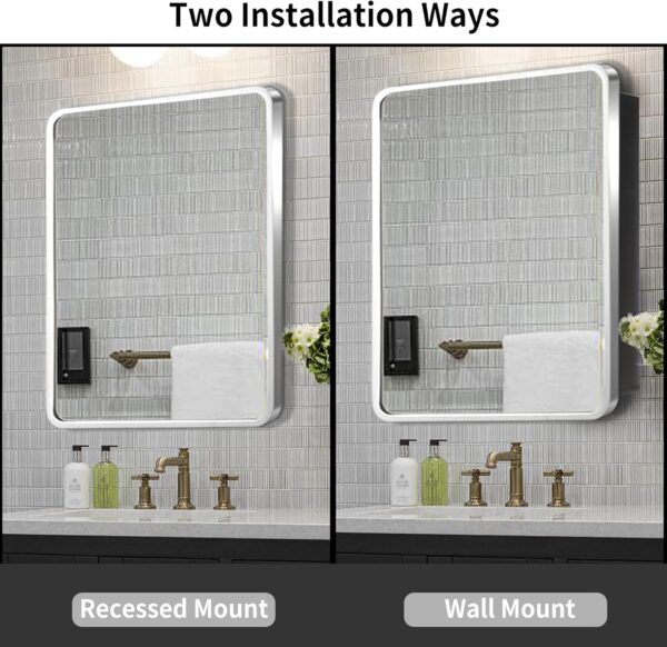 Movo 24x30 Inch Black Metal Framed Bathroom Mirror Medicine Cabinet Rectangle Tilting Beveled Vanity Mirrors Recess or Surface Mount Installation Chrome