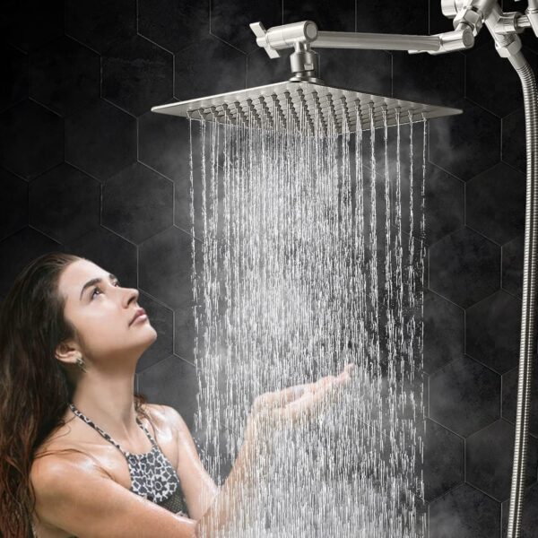 81W3YOzOHQL._AC_SL1500_.jpg G-Promise All Metal 10" Dual Square Shower Head Combo | Rain Shower Head | Handheld Shower Wand | Adjustable | 3-Way Diverter | 71" Extra Long Hose - A Bathroom Upgrade(Brushed Nickel)