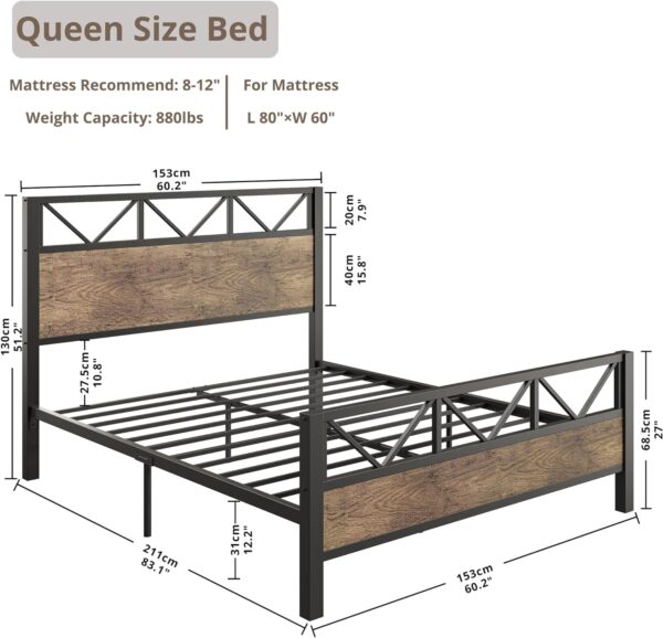 LIKIMIO Queen Bed Frame, Tall Industrial Headboard 51.2 ", Platform Bed Frame with Strong Metal Support, Solid and Stable, Noise Free, No Box Spring Needed, Easy Assembly, Vintage Brown, Rustic Maple