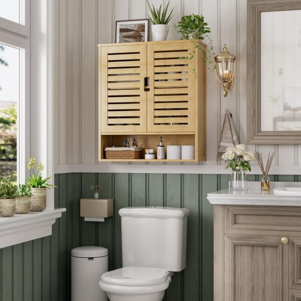 SMIBUY Bathroom Cabinet Wall Mounted, Bamboo Over-The-Toilet Storage Organizer, Space Saver Medicine Cabinet with 2 Door and Adjustable Shelves (Natural)
