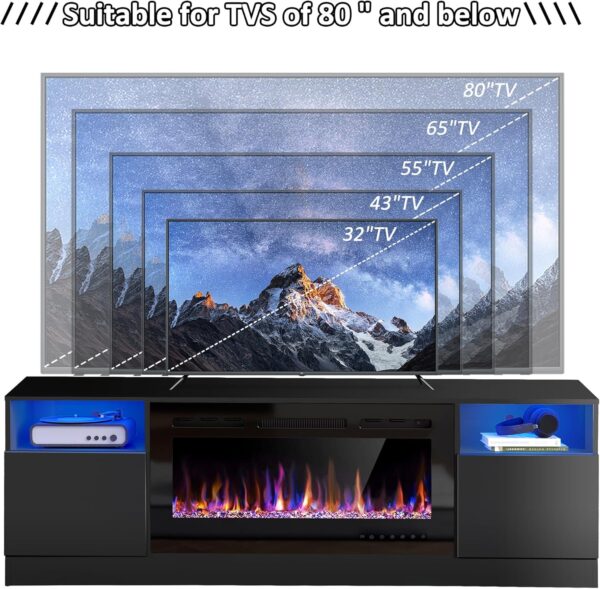 AHB 70" Fireplace TV Stand for TVs Up to 80" with 36" Electric Fireplace, TV Console for The Living Room, LED Light Entertainment Center, Storage Cabinet, Media Console Table, Black