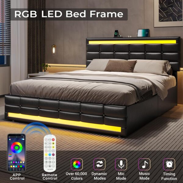 ADORNEVE Queen Bed Frame with LED Lights Leather Platform Bed with Storage Drawers and Charging Station, LED Bed Frame Queen Size with Adjustable Headboard, No Box Spring Needed, Black