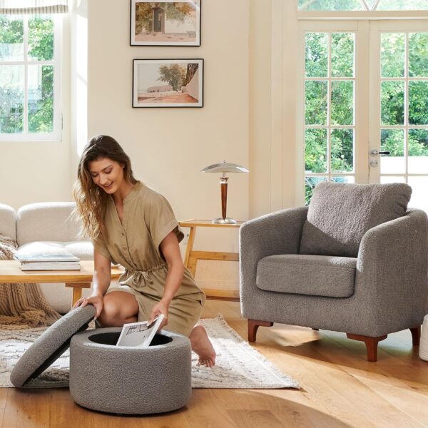COLAMY Sherpa Accent Chairs with Storage Ottoman Set of 2, Upholstered Barrel Arm Chair with Footrest, Modern Living Room Chair with Back Pillow, Grey