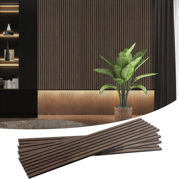4 Pack Wood Wall Panels, MDF Soundproof 3D Wall Paneling for Interior Wall Decor, Wood Textured Acoustic Fluted Accent Wall Panel,Sound Absorbing,Walnut, 94 Inch