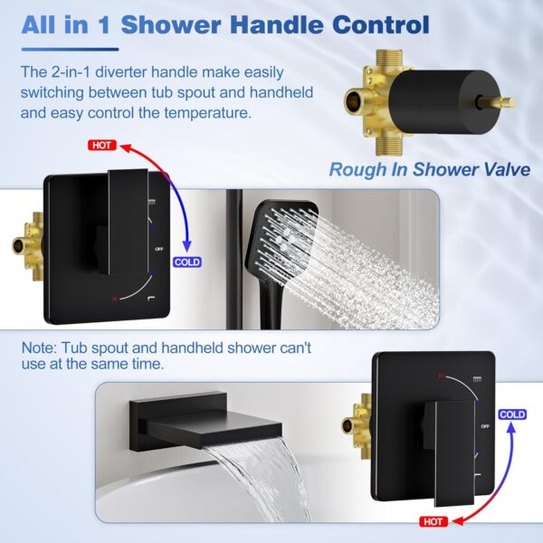 Gabrylly Bathtub Shower Faucet Set, Slide Bar Shower System with Handheld Shower Head Set, Tub Shower Trim Kit with Shower Valve,Matte Black