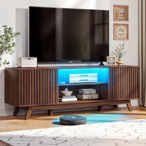 DWVO LED TV Stand, Fluted Entertainment Center for 65 Inch TV, Mid Century Modern TV Cabinet with Adjustable Shelves, Media Console Table for Living Room, Walnut