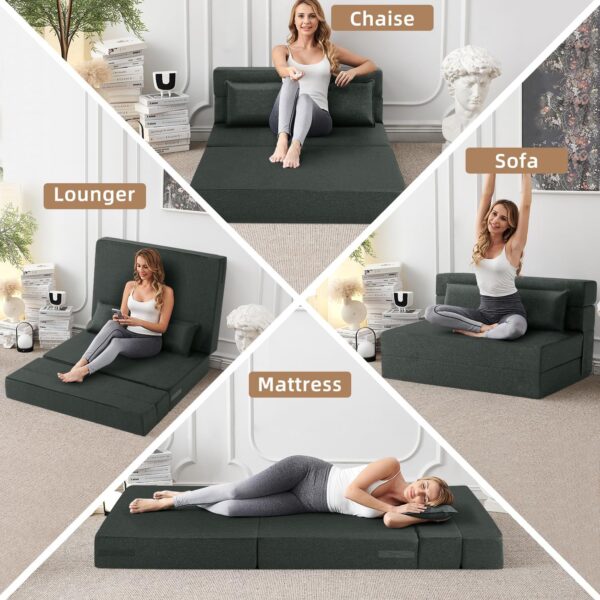 FILUXE Convertible Folding Sofa Bed - Sleeper Chair with Pillow, Modern Linen Fabric Floor & Futon Couch, Foldable Mattress for Living Room/Dorm/Guest Use/Home Office/Apartment, Queen Size, Dark Gray