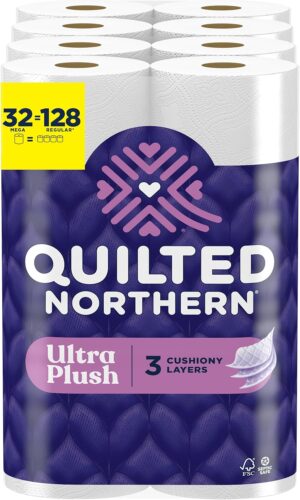 Quilted Northern Ultra Plush Toilet Paper, 32 Mega Rolls = 128 Regular Rolls, 3X Thicker*, 3 Ply Soft Toilet Tissue