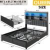 Lifezone Queen Bed Frame with Headboard, Queen Bed Frame with High Storage Bookcase Headboard,4 Storage Drawers & Charging Station & LED,No Box Spring Needed/Noise Free/All-Metal Support,Rustic Grey