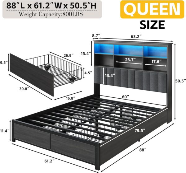 Lifezone Queen Bed Frame with Headboard, Queen Bed Frame with High Storage Bookcase Headboard,4 Storage Drawers & Charging Station & LED,No Box Spring Needed/Noise Free/All-Metal Support,Rustic Grey