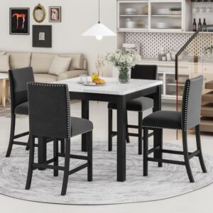 Counter Height Dining Table Set for 4, Faux Marble Top Square Dining Kitchen Table with 4 Velvet Upholstered Chairs, 5 Piece Counter Height Dining Table Set for Dining Room Living Room Kitchen, Black