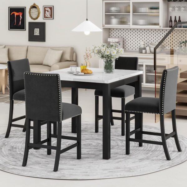 Counter Height Dining Table Set for 4, Faux Marble Top Square Dining Kitchen Table with 4 Velvet Upholstered Chairs, 5 Piece Counter Height Dining Table Set for Dining Room Living Room Kitchen, Black