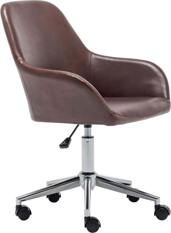 BTEXPERT Mid Back Home Computer Desk Chair, Office Task Chair with Wheels, Swivel Height Adjustable Faux Leather Chair, White Comfy Leather Desk Chair, Brown (5176)