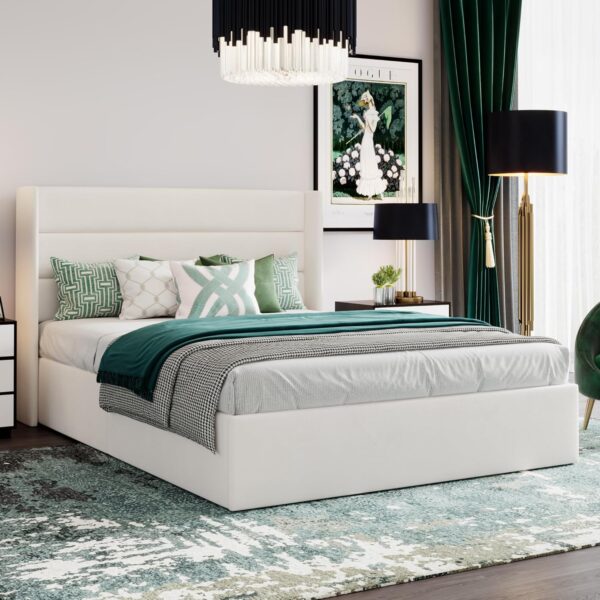 SHA CERLIN Queen Size Lift Up Storage Bed/Velvet Upholstered/Modern Wingback Headboard/Upholstered Platform Bed Frame/Hydraulic Storage/No Box Spring Needed/White