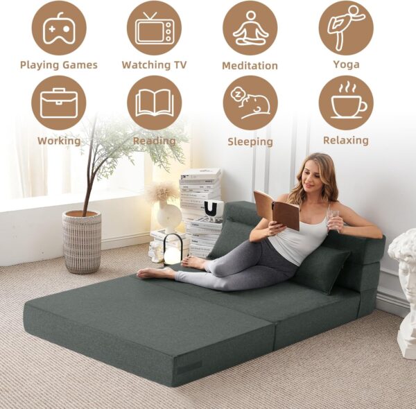 FILUXE Convertible Folding Sofa Bed - Sleeper Chair with Pillow, Modern Linen Fabric Floor & Futon Couch, Foldable Mattress for Living Room/Dorm/Guest Use/Home Office/Apartment, Queen Size, Dark Gray