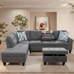 Sectional Couches with Ottoman Storage, Lounge Modular Sectional Sofa with Reversible Cup Holder, Modern Nail-Head L Shaped Couch for Living Room Furniture Sets, Bedroom, Gray