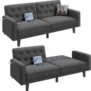 Yaheetech 63” Convertible Couch Sofa Bed with 2 USB, Reclining Futon Sleeper with Adjustable Backrest & Removable Armrests, Mid Century Modern Loveseat for Living Room, Apartment, Office Dark Gray