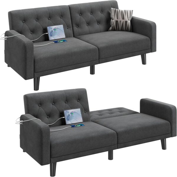 Yaheetech 63” Convertible Couch Sofa Bed with 2 USB, Reclining Futon Sleeper with Adjustable Backrest & Removable Armrests, Mid Century Modern Loveseat for Living Room, Apartment, Office Dark Gray
