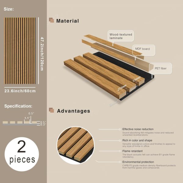 CHDITB 3D Fluted Wood Slat Acoustic Panels, 2Pcs 23.6" x 47.2" Teak Finish Soundproof Panels for Decorating Walls & Ceilings