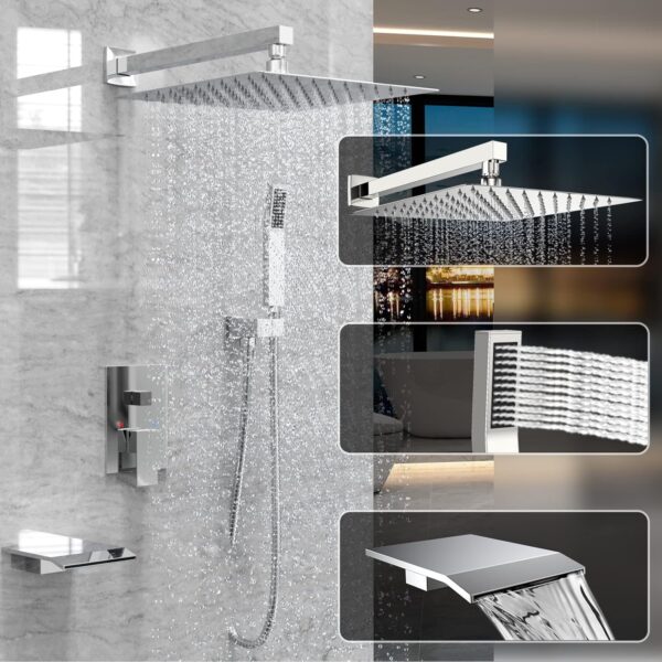Shower System Rain Shower Faucet Set with Tub Spout,10 inch Bathroom Wall Mounted Waterfall Bathtub Faucet with Handheld Spray and Rough-in Valve Body and Trim kit,Chrome Polished
